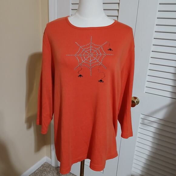 C.B Casual Plus 1X Pumpkin Colored Metallic Spider Web 3/4-Sleeve Knit Shirt - Picture 4 of 13